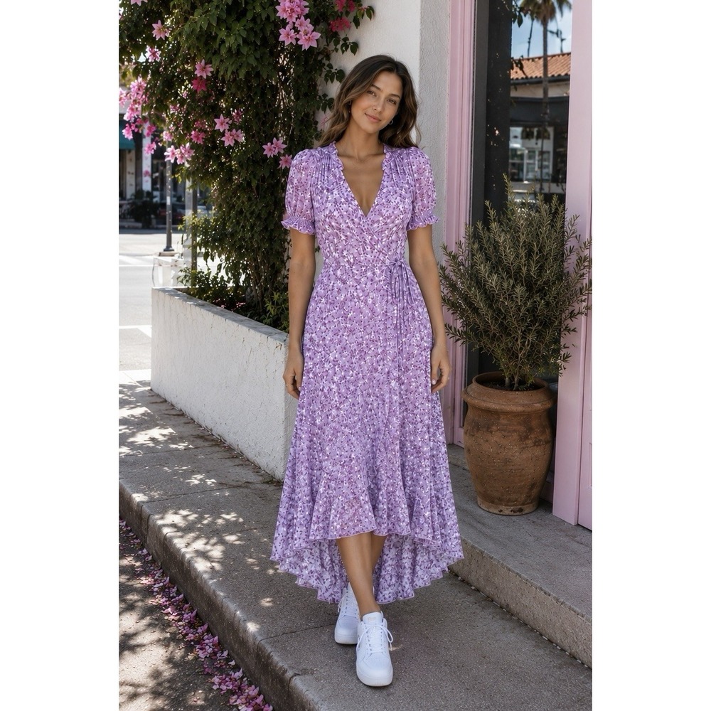 Draper James Purple Floral Midi Wrap Dress L Ruffles Romantic Cottagecore UU08